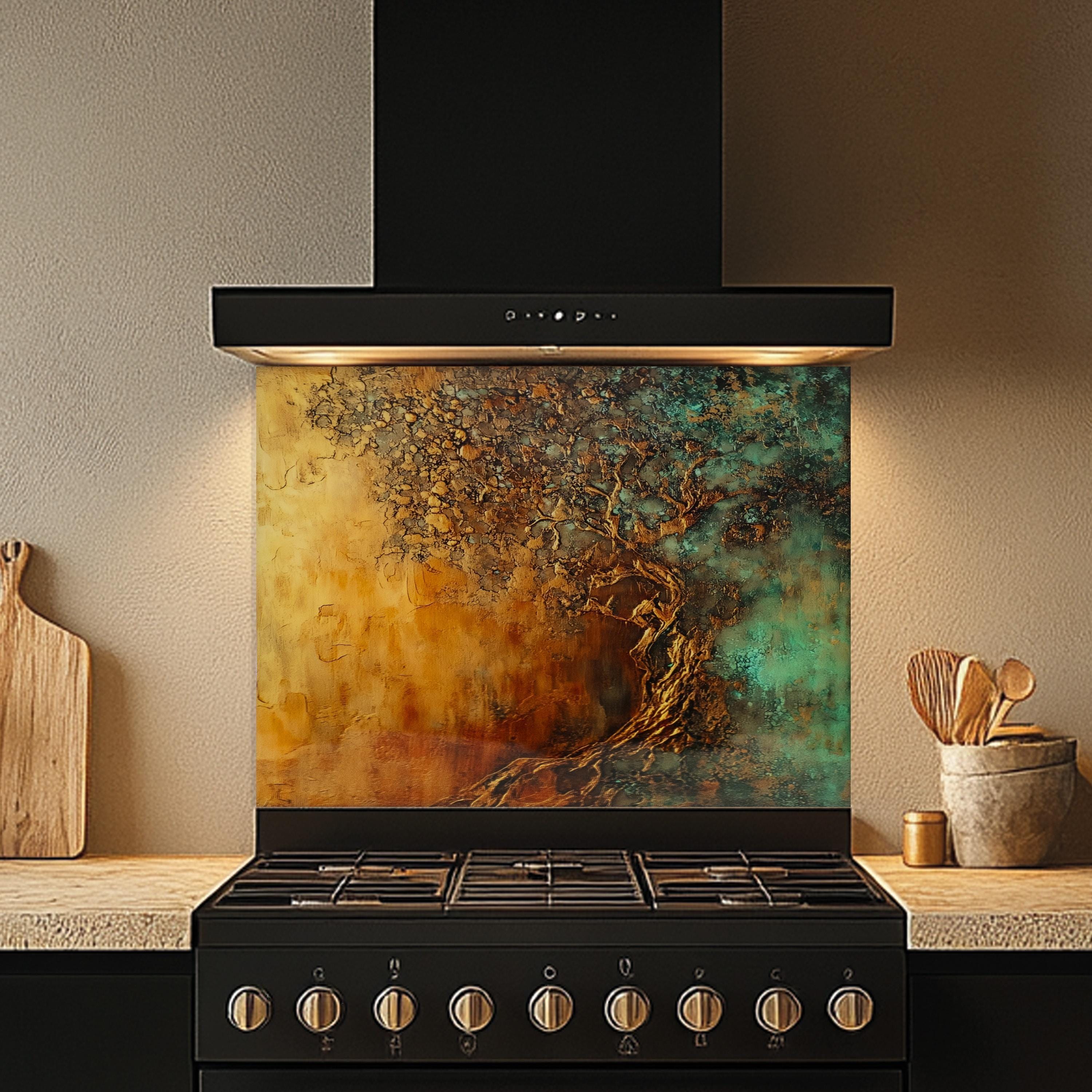 Textured Olive Tree Tempered Glass Kitchen Backsplash - Mediterranean Design