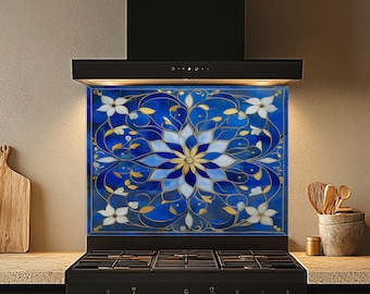 Royal Blue Floral Tempered Glass Kitchen Backsplash