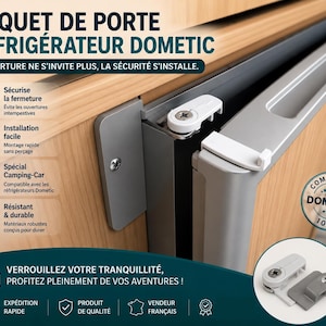 Op de afbeelding: Een witte en grijze koelkastdeurvergrendeling met de tekst "LOQUET DE PORTE RÉFRIGÉRATEUR DOMETIC" en "COMPATIBLE DOMETIC 100%" op de afbeelding. De vergrendeling is ontworpen voor een kampeerautokoelkast en is gemaakt van duurzame materialen.