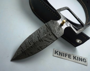 Personalized Hand Crafted Damascus Steel knife with Leather Belt, Survival, outdoor, EDC, Gift for Men, Belt Buckle, USA.