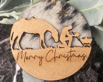 cowboy nativity ornament, real cowhide Christmas ornament, western tree ornament. Merry Christmas boho