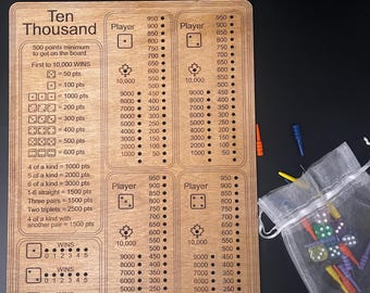Ten Thousand Game Board Baltic Birch Wood With Dice Pegs Storage Bag, Family Gift Game Night, 10000 game score board