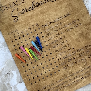 Wooden Phase 10 Score Board, Portable Scorecard, Round Tracker, Perfect Score Sheets and Game Scoreboard for Family Game Night Fun