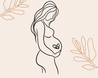May include: Line drawing of a pregnant woman with a heart on her belly, with the text "Pregnancy Planner" below. The drawing is in black on a beige background with brown leaf drawings on either side.