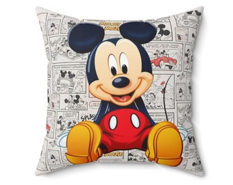 Disney Pillow Mickey Mouse Newspaper Pillow and Case, Fantasy Spun Polyester Square Pillow Retro vibes