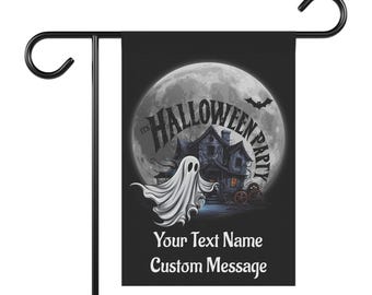 Halloween Party Garden Flag, Personalized Family Name, Ghost Spooky House Moon Decor, Outdoor Decoration, Custom Banner, Fall Autumn Yard