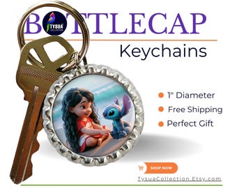 Lilo and Stitch at the Beach, Fun Bottlecap, Keychain Custom Car Keys, Disney New Movie, Bag Charm, Cruise FE, Gift Memorabilia for Friends