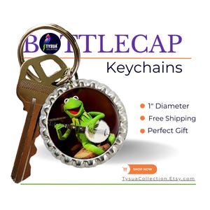 Kermit The Frog Banjo Keychain, The Muppets Bottlecap Keyring, Bag Charm, Fish Extender Gift for Kids, gifts for Muppets Lover, Collectibles