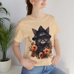 Black Cat Kitty with Witch Hat and Orange Flowers T-shirt Unisex, Jersey Short Sleeve Tee Different Colors Halloween T Shirts for all