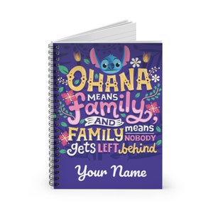Spersonalizowany notatnik Diisney Stitch Ohana z cytatem inspirowanym autografem rodzinnym, spiralnie liniowana książka w linie, notatki z pracy, planer motywacyjny, dziennikarstwo