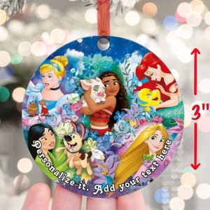 Disney Princess Ornaments, with their Loved Pet Friends,  Metal,  Christmas Personalized Custom Text Round Ornament