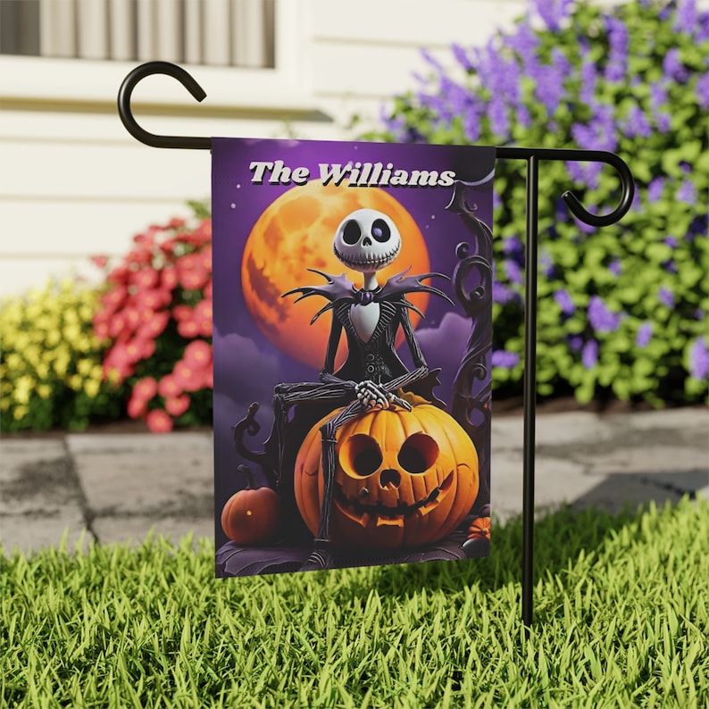 Jack Skellington Garden Flag, Personalized Disney Halloween Outdoor Decor, Dia de los Muertos Banner, Disney Fans Gift, Custom House Flag image 5