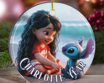 Ceramic Ornament, Lilo and Stitch Beach Scene, Disney New Movie Fan Holiday Decor, Tropical Ceramic Ornament, Home Decor, Christmas Ornament