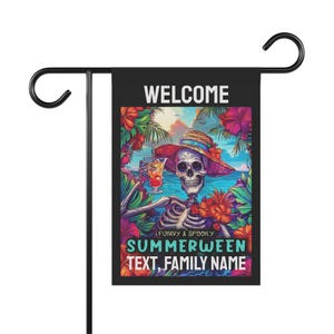House Banner Flag, Skeleton Summerween Decoration, Funny Tropical Garden Flag, Custom Spooky Halloween Yard Sign, Personalized Outdoor Party