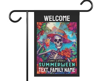House Banner Flag, Skeleton Summerween Decoration, Funny Tropical Garden Flag, Custom Spooky Halloween Yard Sign, Personalized Outdoor Party