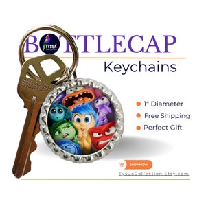 May include: A silver bottle cap keychain featuring the characters from the movie Inside Out. The characters include Joy, Sadness, Anger, Fear, and Disgust. The keychain is 1 inch in diameter.