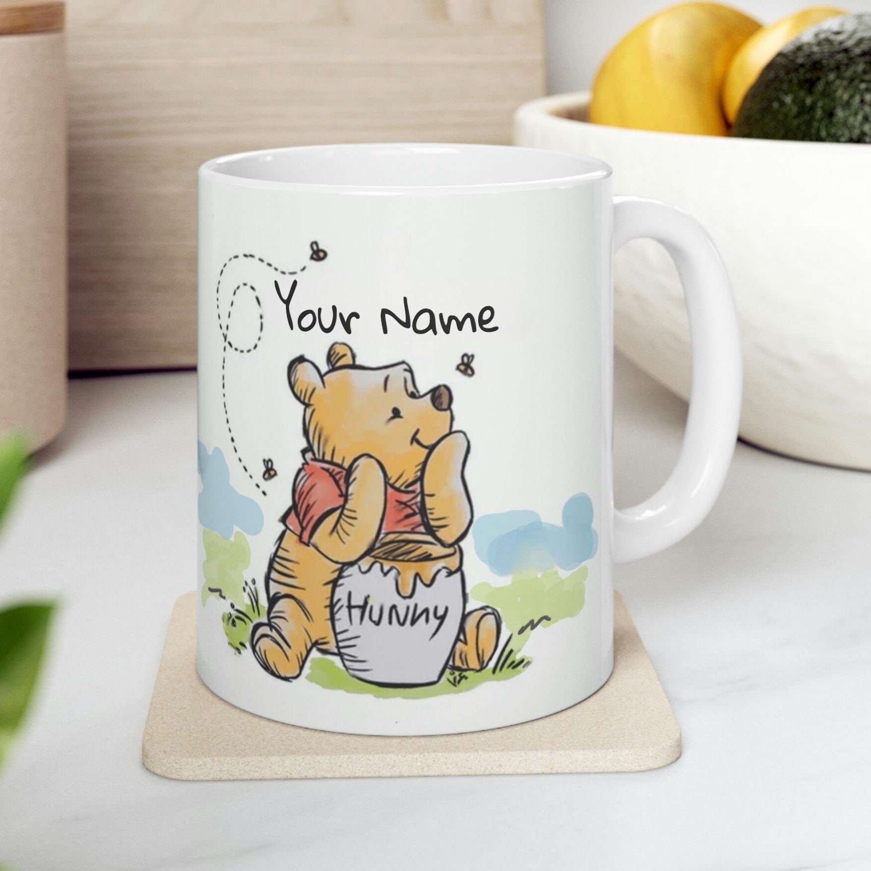 Personalized Disney Winnie the Pooh Mug, 11oz Ceramic Custom Name Mug, Gift for Grandma Mother Winnie Classic Honey and Bees for friends