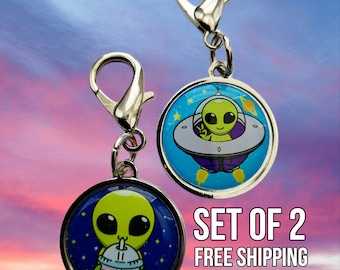 Alien UFO Zipper Pull Charms, Set of 2, Enamel, Boba Tea Drink, Spaceship, Flying Saucer