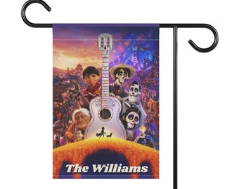 May include: A garden flag featuring a colorful illustration from the movie Coco, with the text "The Williams" at the bottom. The design includes a guitar and several animated characters against a vibrant city backdrop.