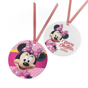 Disney Minnie Mouse Ornaments, Pink Minnie, Personalized Year, Aluminum Christmas 2 sides image, Round 3&#39; Ornament