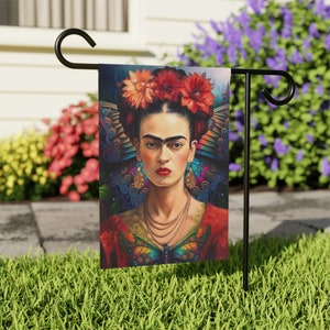 Frida Khalo Garden Flag, House Banner, Custom Art for Home Decor, Butterflies, Flowers Home Decor, Fall Holiday