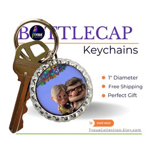 May include: A silver bottle cap keychain with a colorful image of a couple from the movie Up. The keychain is 1 inch in diameter and features a key ring.