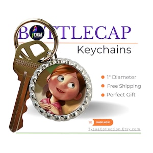 May include: A silver bottle cap keychain with a colorful cartoon image of a girl with brown hair. The keychain is attached to a gold key. The text "BOTTLECAP Keychains" is displayed above the keychain. The text "1" inch diameter, Free Shipping, Perfect Gift" is displayed below the keychain.