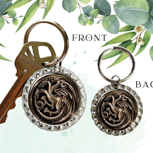 Targaryen Bottlecap Keychain, Games Thrones Dragons , House Keyring, Bag Charm, Fish Extender Gift for Kids, Memorabilia