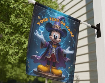 Garden Banner, Disney Sorcerer Mickey Mouse, Personalized House Flag, Movie Fans Gift, Home Decor, Outdoor Halloween Party Sign 2 Sizes