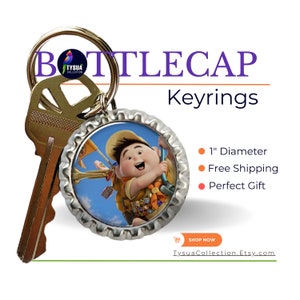 Disney Up Pixar Bottlecap Keychain, Wilderness Explorer Russell Boy Scout, Grape Soda , House Keyring, Bag Charm, DCL FE Gift for Kids
