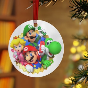 マリオブラザーズ クリスマスオーナメント、メタル、2面画像、カスタムオーナメント、ルイージブラザーズ、恐竜、ピーチ