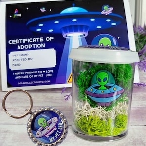 May include: A clear glass jar with a white lid contains a small green alien figurine in a flying saucer. The alien is green with large black eyes and a small mouth. The saucer is blue with purple accents. The jar is filled with green moss and white moss. The jar is sitting on a wooden surface. The image also includes a certificate of adoption for a pet UFO, a key chain with a small alien figurine in a flying saucer, and a purple and blue background.