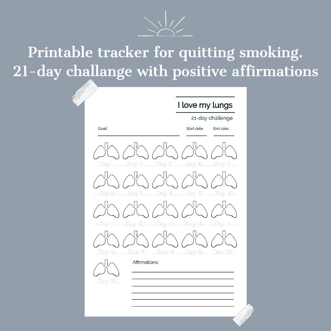 Quit Smoking Printable 21-day Challenge with positive affirmations. Stop Smoking Tracker