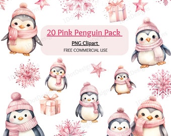 Pink Penguin Clipart Bundle, Christmas PNG, Christmas clipart, Baby penguin, Cute penguin, Winter clipart, Paper craft, Digital Download