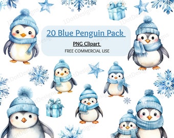 Blue Penguin Clipart Bundle, Christmas PNG, Christmas clipart, Baby penguin, Cute penguin, Winter clipart, Paper craft, Digital Download