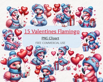 Watercolor Valentine Flamingo Clipart: PNG Bundle (Digital Download)