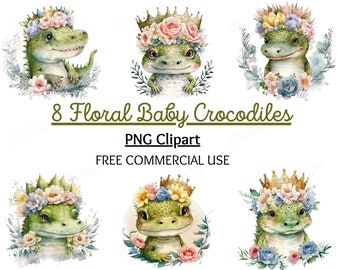 Pacote de imagens de crocodilo bebê em aquarela com estampa floral (Download digital)