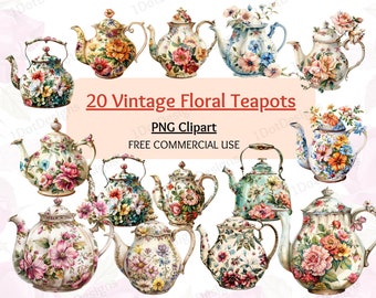 Watercolor Vintage Floral Teapot Clipart – 20 PNG Images (Digital Download)