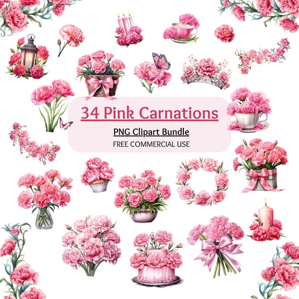 Pink Carnation Clipart Bundle, Carnation PNG, Carnation Flower png, Pink wedding graphics, Carnation Flower clipart, Digital Download