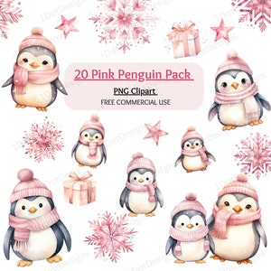 Paquete de imágenes prediseñadas de pingüino rosa, PNG de Navidad, imágenes prediseñadas de Navidad, pingüino bebé, pingüino lindo, imágenes prediseñadas de invierno, artesanía de papel, descarga digital