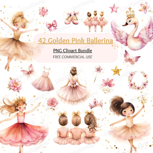 Golden Pink Ballerina Clipart Bundle, Swan Lake clipart, Ballerina PNG, Swan PNG, Aquarelle Ballerina Clipart, Téléchargement numérique