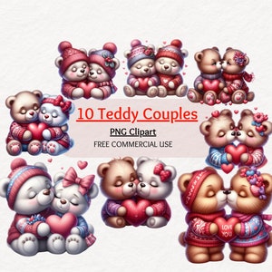 Pacchetto di clipart di coppia di orsacchiotti di San Valentino, clipart di San Valentino, orsacchiotto png, orso di San Valentino, cartoline, scrapbooking, download digitale