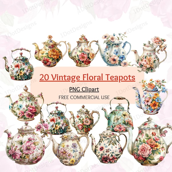 Watercolor Vintage Floral Teapots Clipart Bundle - 20 PNG, Tea Party clipart, Pastel Tea clipart, Floral teapot clipart, Digital Download