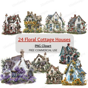 Floral Cottage House Clipart Bundle, Cottage house PNG, Watercolor clipart, Cottagecore, Floral house clipart, Digital Download