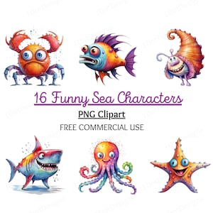 Funny Sea Characters Clipart Bundle, Nursery PNG, Watercolor clipart, Cartoon Character png, Funny cartoon png, Funny svg, Digital Download