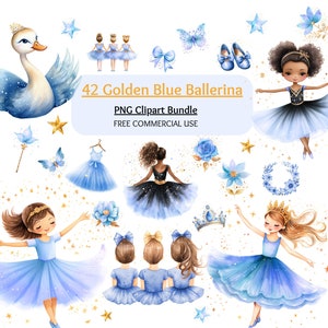 Golden Blue Ballerina Clipart Bundle, Schwanensee Clipart, Ballerina PNG, Schwan PNG, Aquarell Ballerina Clipart, digitaler Download