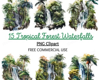 Watercolor Tropical Waterfall Clipart, Forest Landscape PNG (Digital Download)