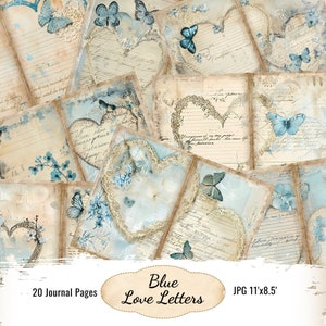 Páginas de diario de cartas de amor azules, suministros de álbumes de recortes, páginas de diarios basura digitales, álbumes de recortes, papel de diario imprimible, descarga digital