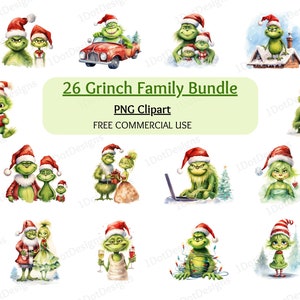 May include: A set of watercolour illustrations depicting the Grinch and his family in festive scenes, all wearing Santa hats. The images show the Grinch in various situations, including driving a red car and using a laptop. Text on the image reads "26 Grinch Family Bundle PNG Clipart FREE COMMERCIAL USE."
