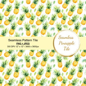 May include: A seamless pattern tile featuring a repeating design of yellow pineapples with green leaves on a white background. The tile is 12 inches by 12 inches and 300 DPI.